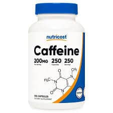 Pastillas de cafeína Nutricost, 200 mg por ración (250 cápsulas